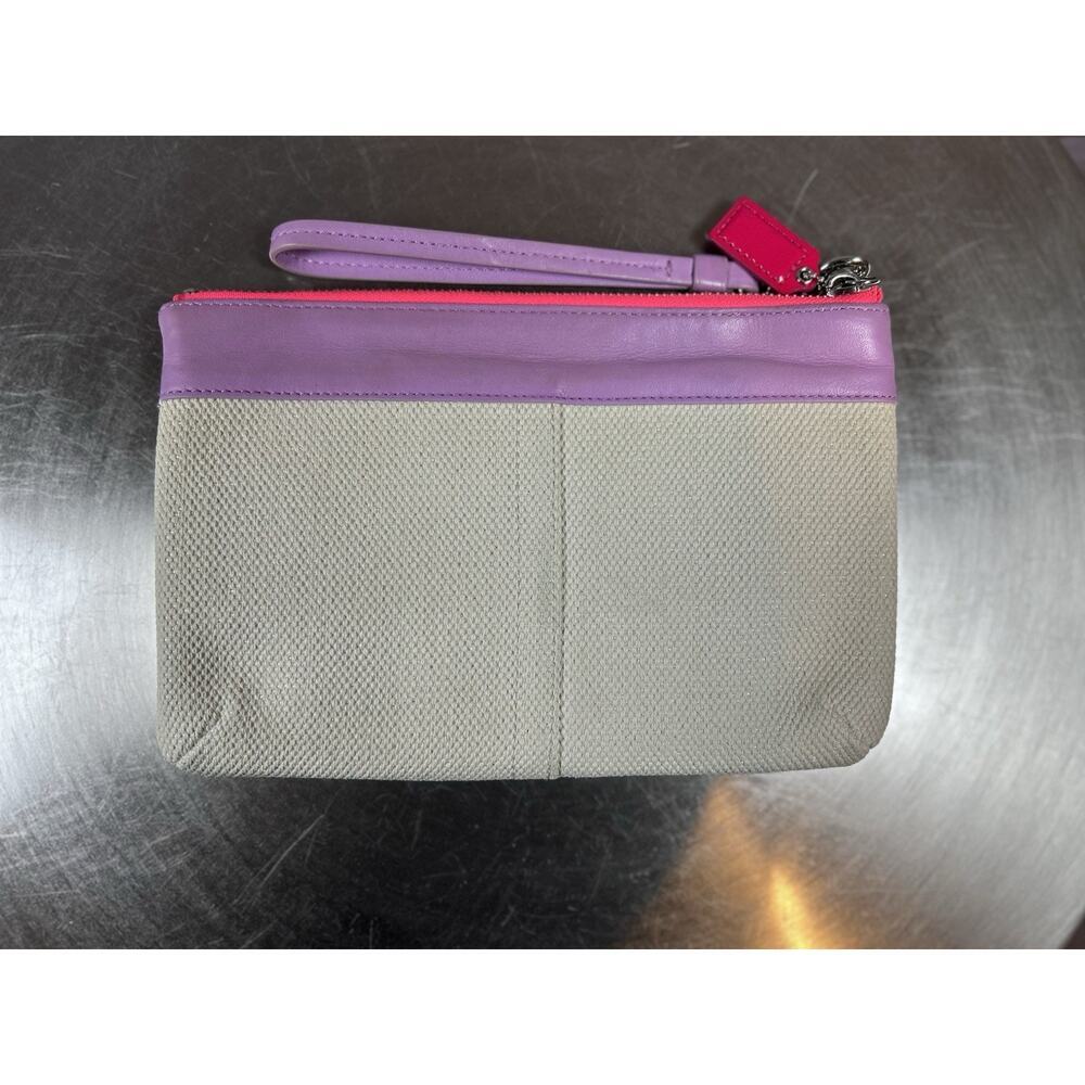 Coach Large Legacy Beach Canvas Leather Wristlet Natural Purple Neon Pink Accent